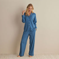 Pima Cotton Women's Button-Down Pajama Set - Blue Denim, XXL,Blue Denim