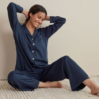 Pima Cotton Women's Button-Down Pajama Set - Navy, XXL,Navy