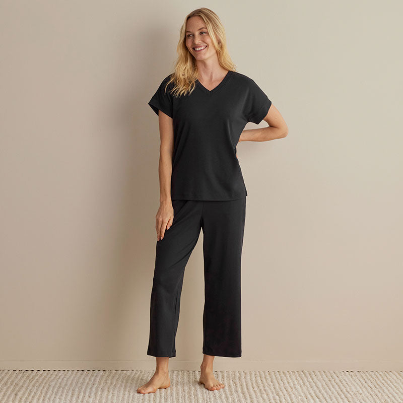 Pima Cotton Women's Cropped Pants Pajama Set - Black, XXL,Black