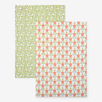 Mix & Match Printed Cotton Tea Towels, Set of 2 - Coral Red,Coral & Red
