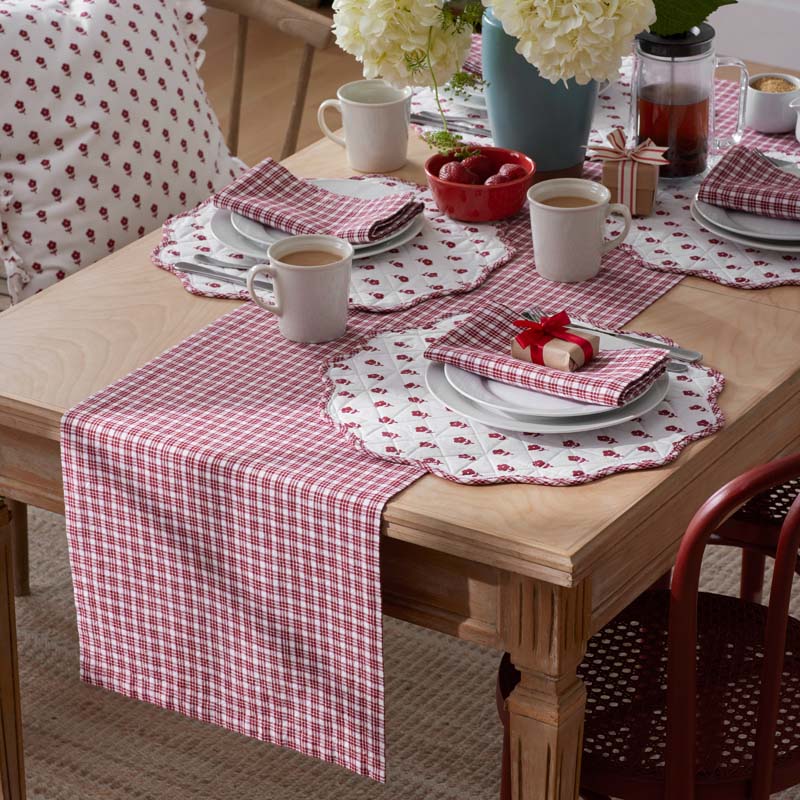 Flowers & Plaid Yarn-Dyed Reversible Table Runner - Red Multi, 16 in. x 108 in.,Katherine Plaid