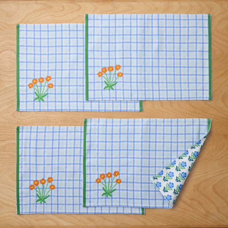 Floral Plaid Reversible Placemats, Set of 4 - Blue,Blue