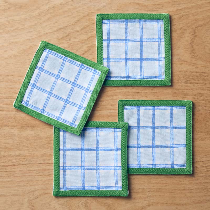Floral Plaid Reversible Cocktail Napkins, Set of 4 - Blue,Blue