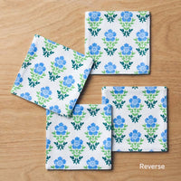 Floral Plaid Reversible Cocktail Napkins, Set of 4 - Blue,Blue