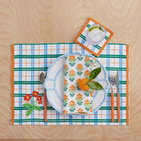 Floral Plaid Reversible Cocktail Napkins, Set of 4 - Green,Green