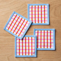 Floral Plaid Reversible Cocktail Napkins, Set of 4 - Red,Red