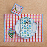 Floral Plaid Reversible Cocktail Napkins, Set of 4 - Red,Red