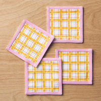 Floral Plaid Reversible Cocktail Napkins, Set of 4 - Yellow,Yellow