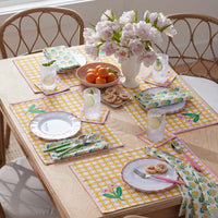 Floral Plaid Reversible Cocktail Napkins, Set of 4 - Yellow,Yellow