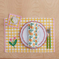 Floral Plaid Reversible Cocktail Napkins, Set of 4 - Yellow,Yellow