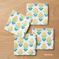 Floral Plaid Reversible Cocktail Napkins, Set of 4 - Yellow,Yellow