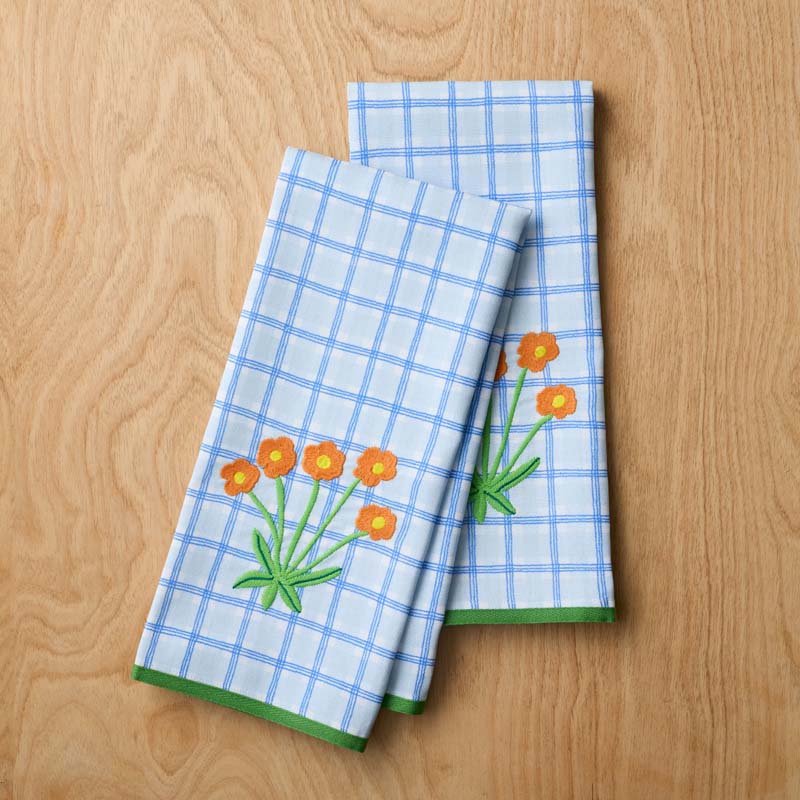 Floral Plaid Kitchen Towel Sets - Blue, Set of 2,Blue, Set of 2