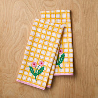 Floral Plaid Kitchen Towel Sets - Yellow, Set of 2,Yellow, Set of 2