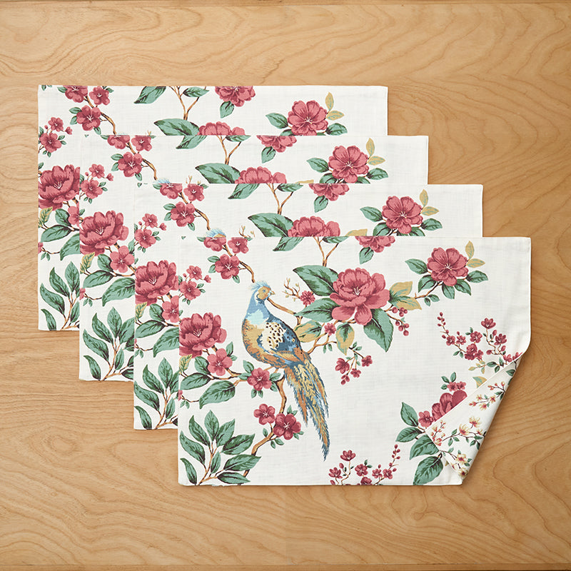 Elegant Pheasant Reversible Placemats, Set of 4 - White Multi,White Multi