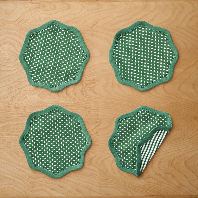 Stripe Dot Scallop Reversible Cocktail Napkins, Set of 4 - Green,Green