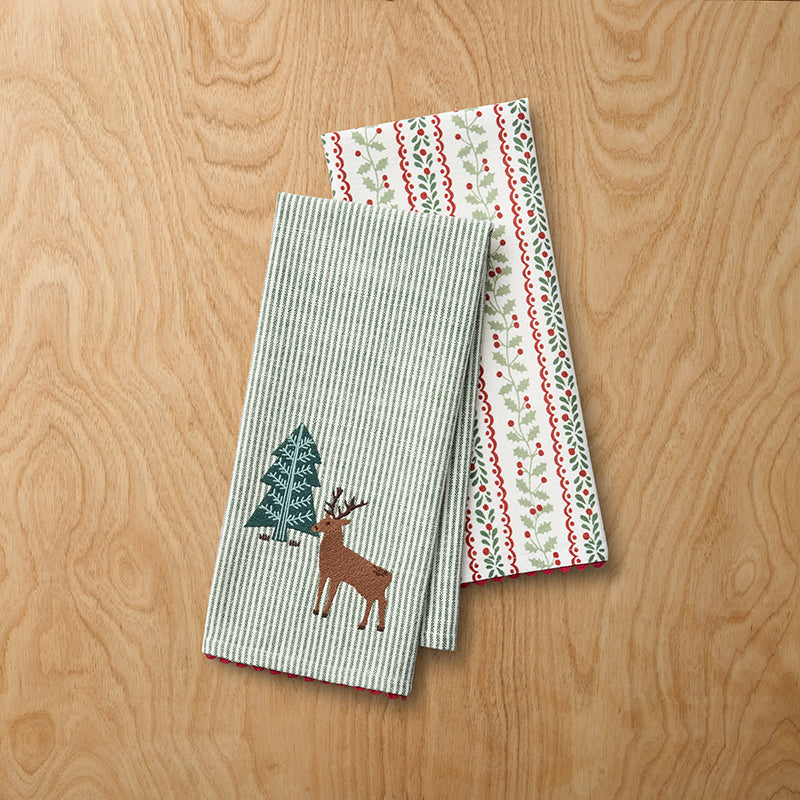 Embroidered Tea Towels, Set of 2 - Stripe & Vine,Stripe & Vine