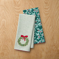 Embroidered Tea Towels, Set of 2 - Holly Stripe,Holly Stripe