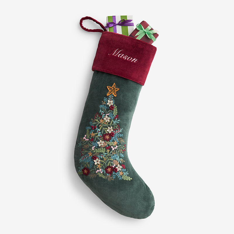 Velvet Embroidered Stocking - Green Multi,Green Multi